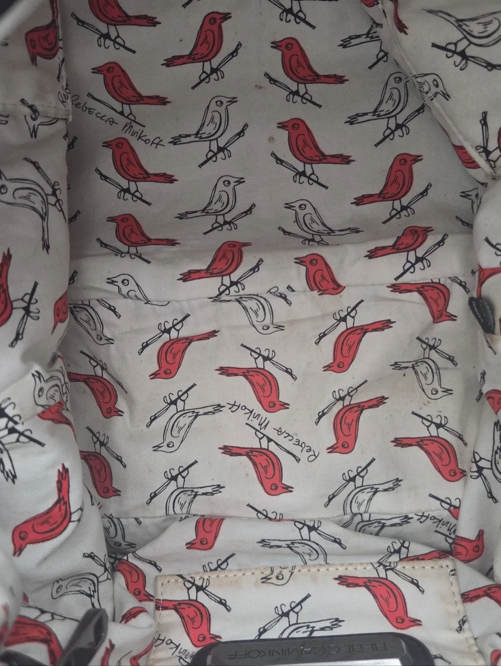 Rebecca Minkoff Studded Hobo Black Leather Pyramid Studs, Cardinal Bird Lining - Picture 9 of 11